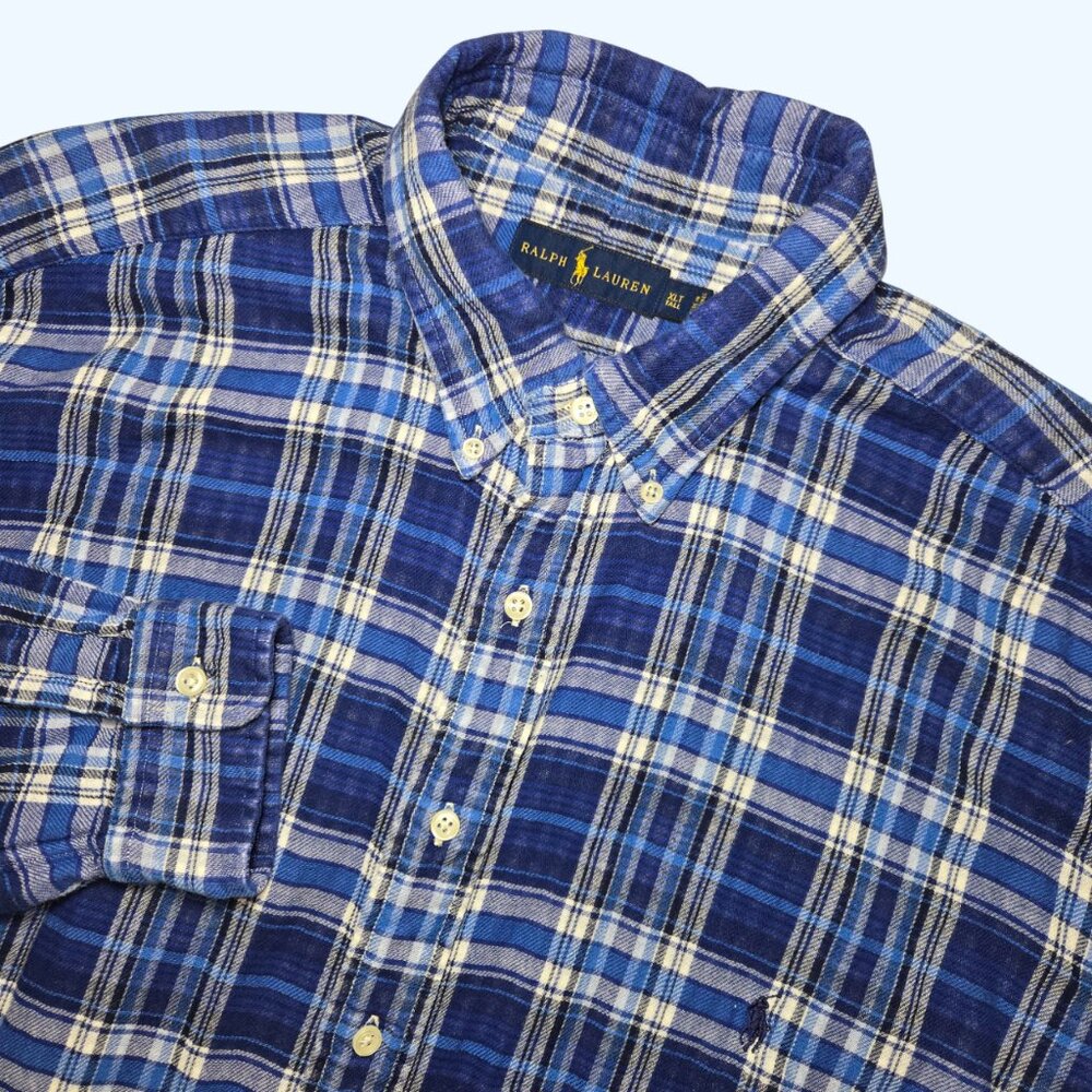 Ralph Lauren Men XLT Tall Blue Plaid Flannel Button Down Shirt Long Sleeve Heavy